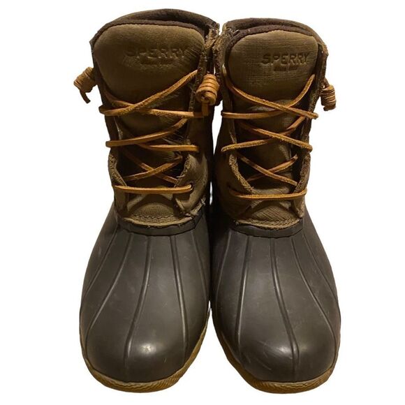 Sperry Wm’s Sz 7.5 Olive Brown Saltwater Ankle Zip Rain Duck Boots STS99729 - Picture 3 of 7